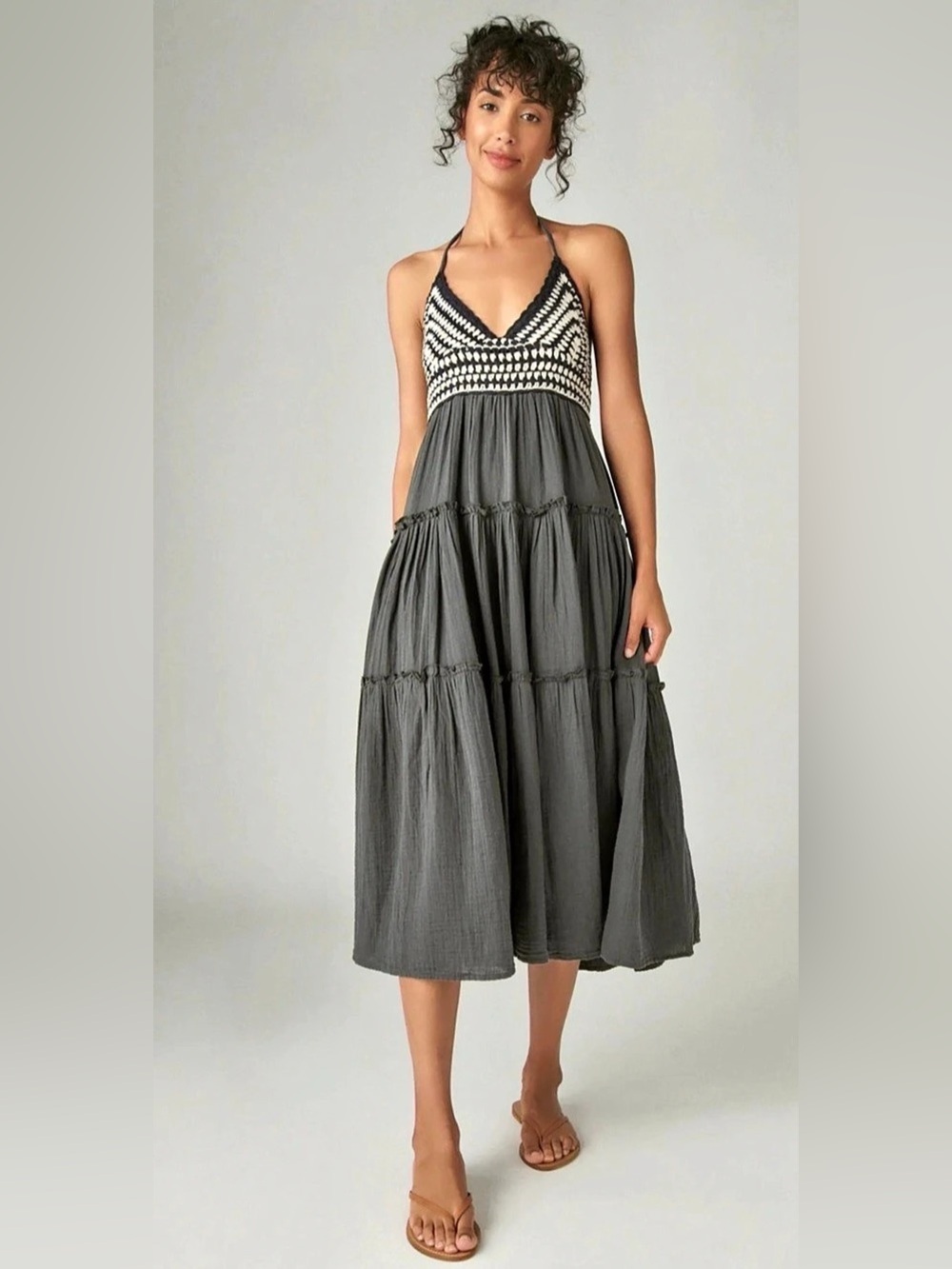Lucky Brand Crochet Halter Top in Washed Black Midi Dress Size Small